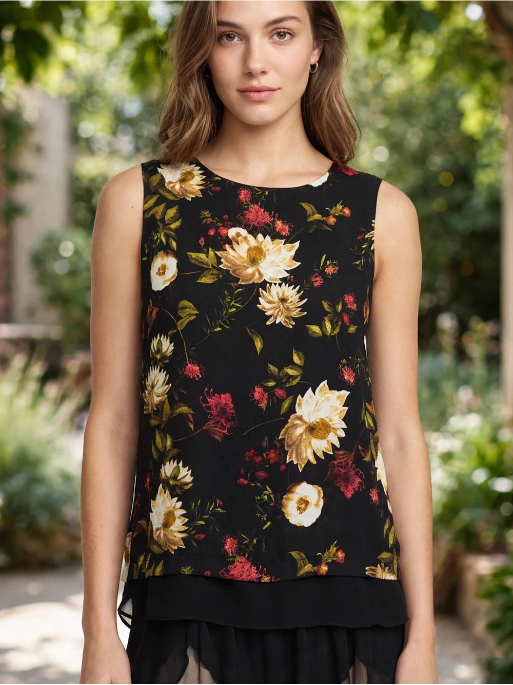 Rose & Olive Black Floral Layered Camisole with Gold and Red Accents